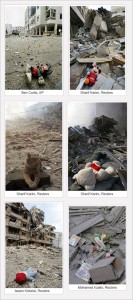 dolls in rubble